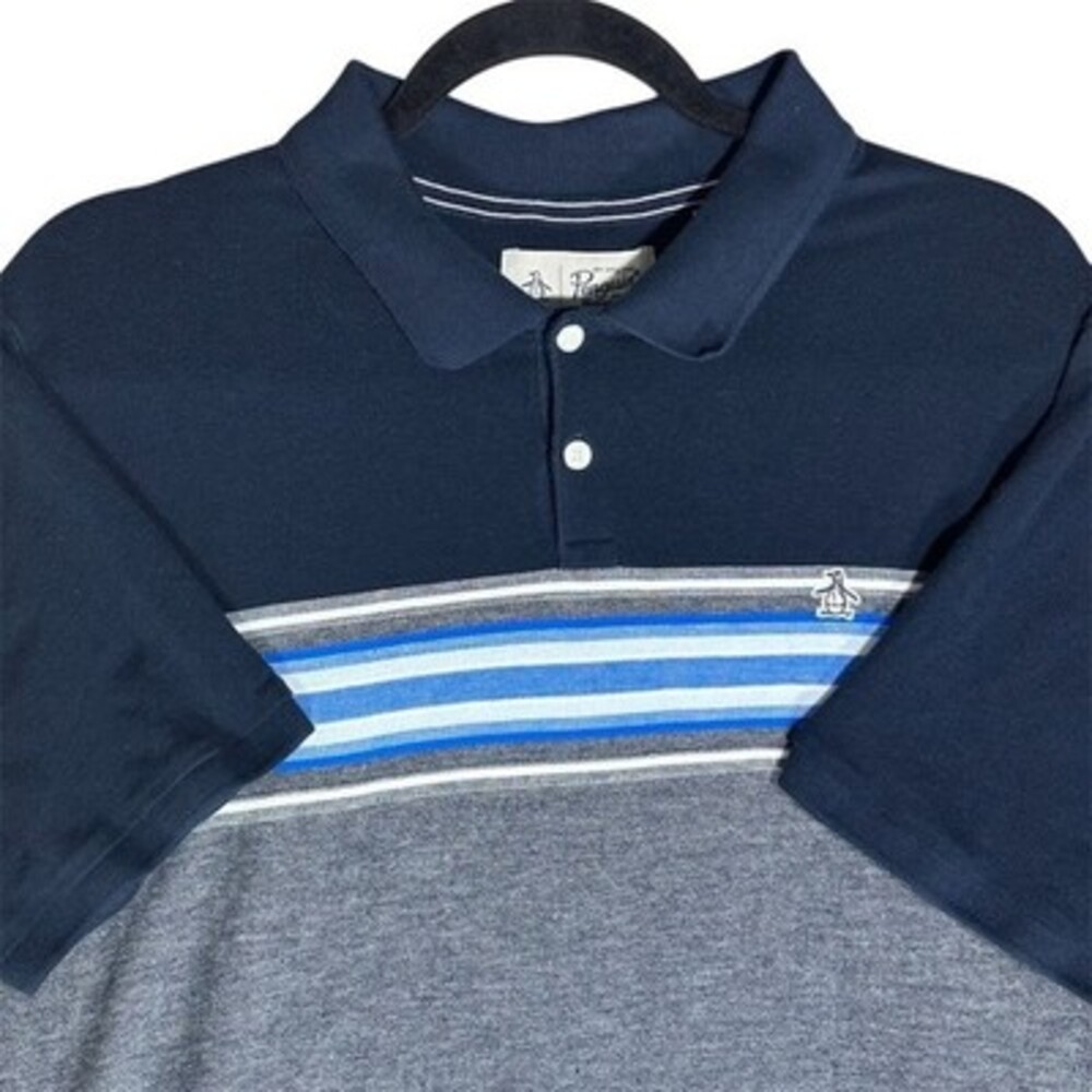 Original Penguin Men's Polo Shirt Size XL Blue Gray Chest Stripe Short